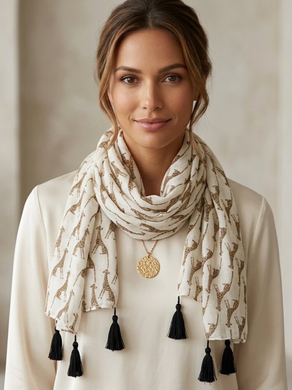 Chico's Women's Giraffe Novelty Print Tassel Accent Square Wrap Scarf Going Out